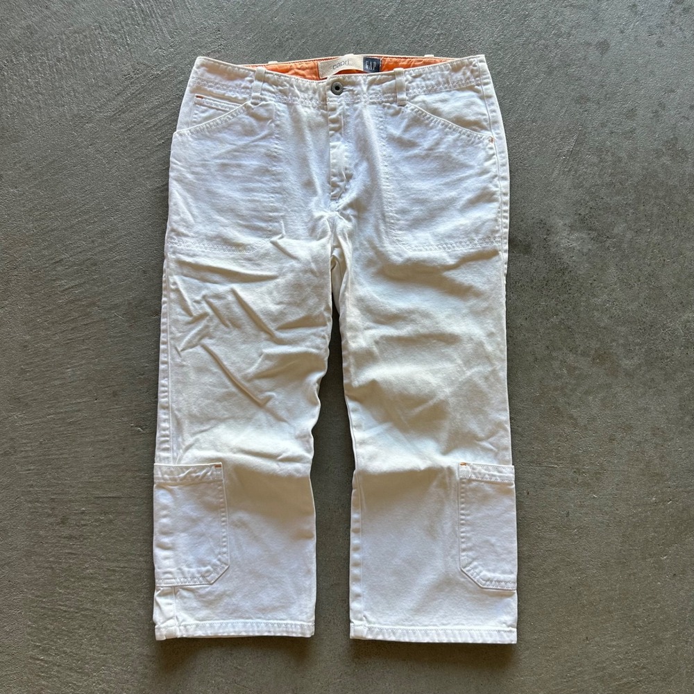 Vintage 90s Gap Capri Cargo Pants Womens Size 10 Cream Canvas Flat Front